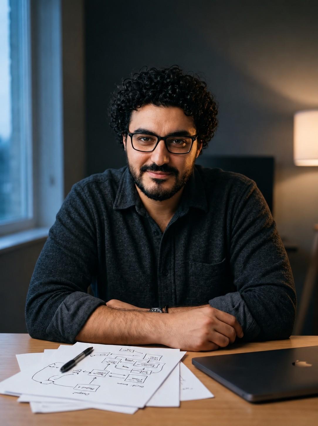 Mohamed Farahat at a wooden table before dawn, leaning in and listening, a notebook with a sketched system in front of him and a closed laptop pushed to the side.