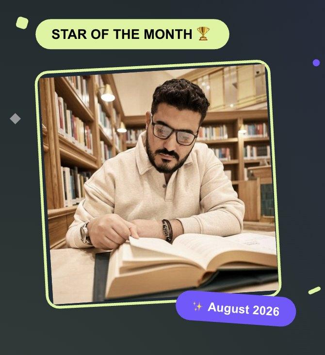The company's slide: Star of the Month, August 2026, with a photo of Mohamed Farahat reading in a library.
